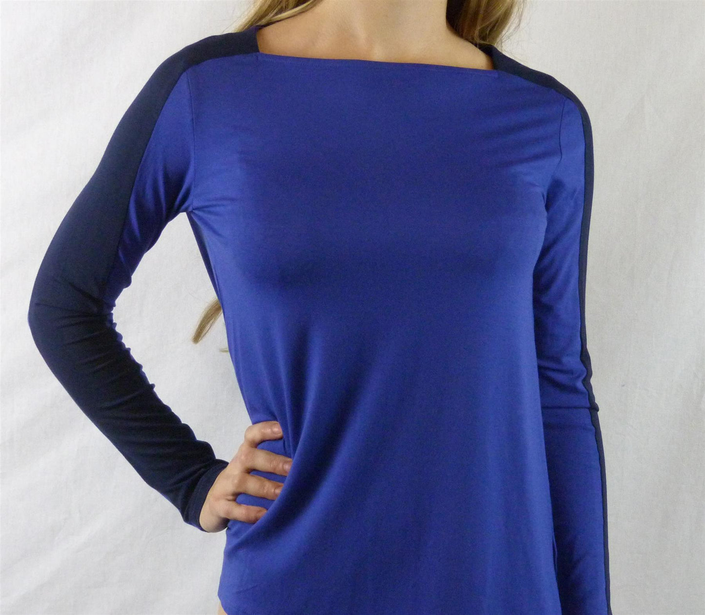Women's  Top Two Tone Long Sleeve Square Neck Supersoft Blue T-Shirt